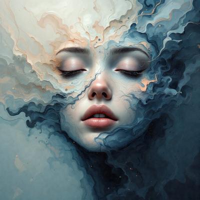 The primary subject of the image is a woman's face, which is the main focus of the image. The setting is a blue background, which adds a unique and artistic touch to the scene. The visual style is a combination of digital art and illustration, creating a surreal and dreamy atmosphere. The colors in the image are predominantly blue, which contributes to the overall mood of the image.